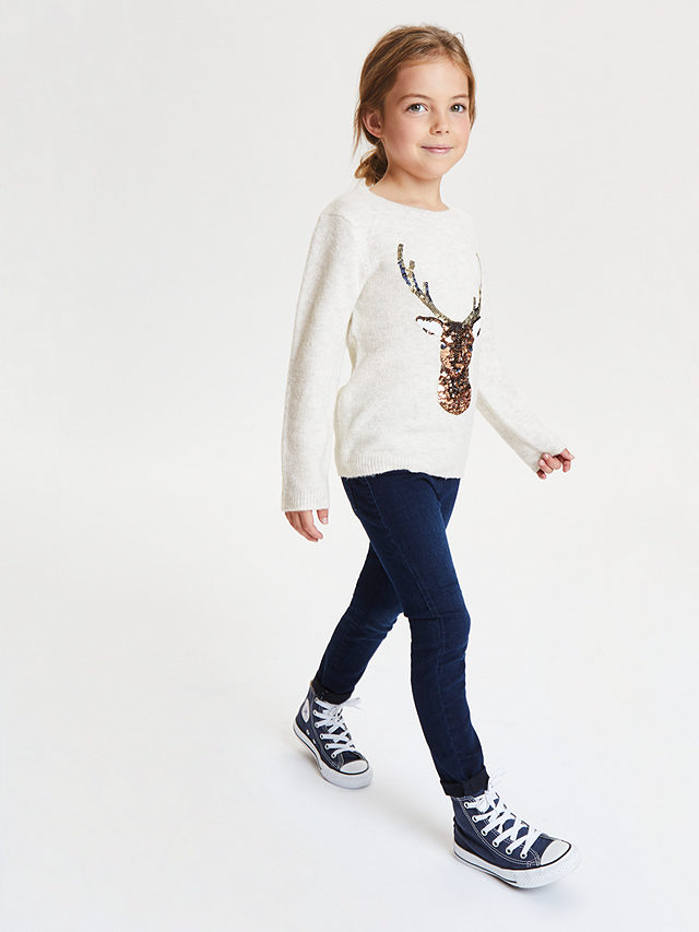 John Lewis & Partners Girls' Reindeer Sequin Jumper, Cream, 3 years
