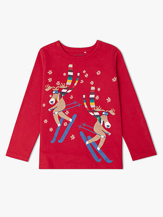 John Lewis & Partners Boys' Skiing Reindeer Graphic Long Sleeve T-Shirt, Red