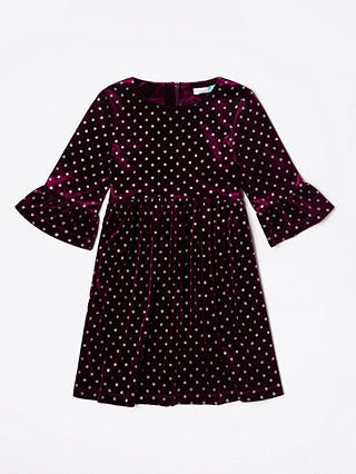 John Lewis & Partners Girls' Velour Glitter Spot Dress, Berry