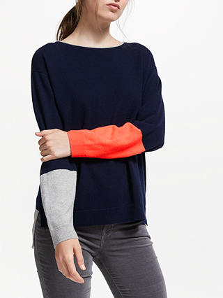 Cocoa Cashmere Long Back Jumper, Navy/Grey/Chilli