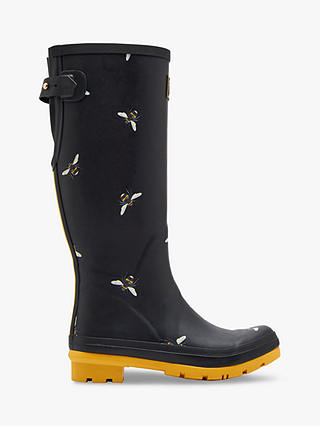 Joules Bee Print Adjustable Waterproof Wellington Boots, Black