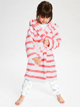 John Lewis & Partners Girls' Stripe Waffle Robe, White/Pink