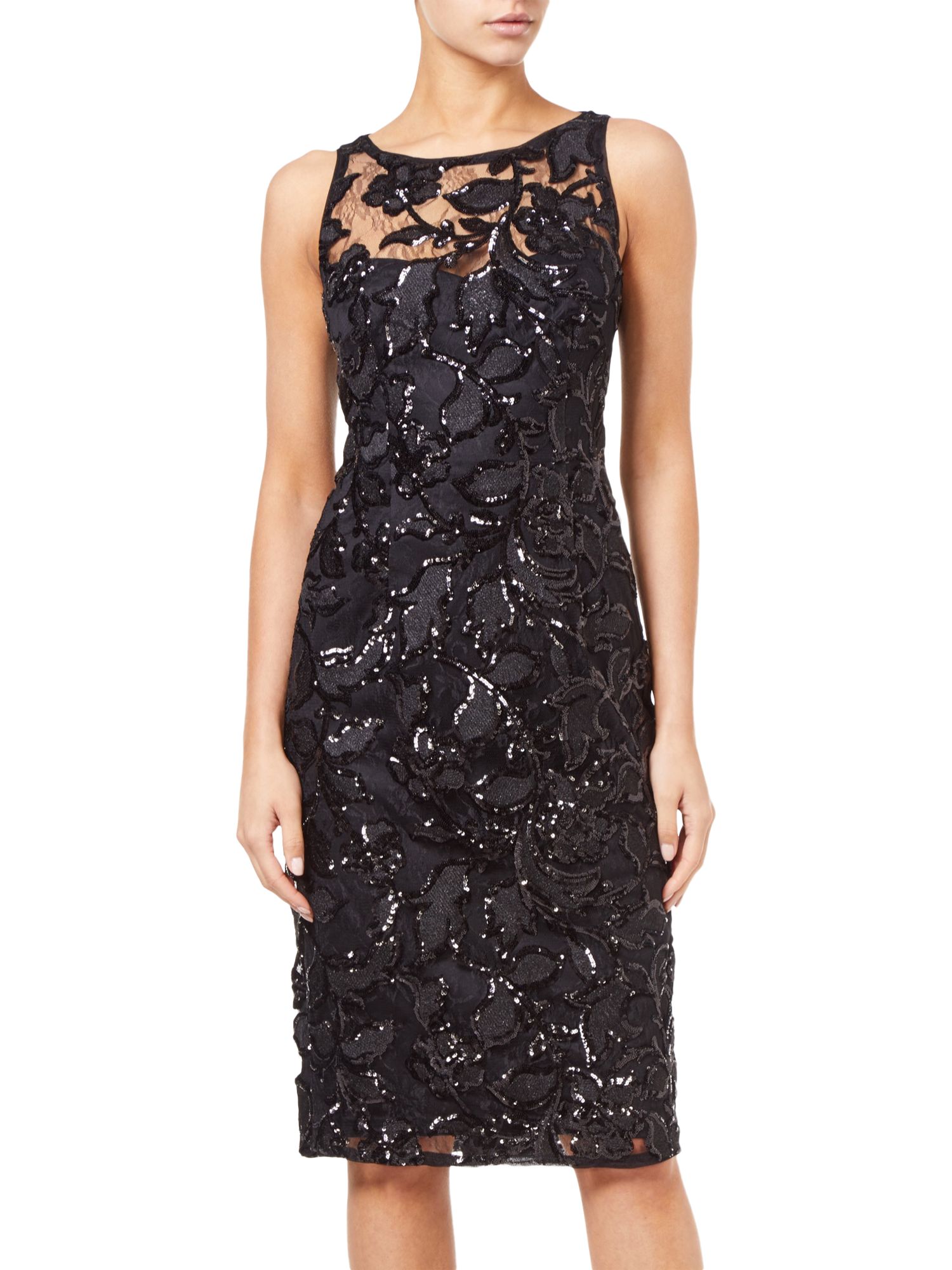 Adrianna Papell Sequin Embroidered Sheath Dress, Black at John Lewis ...