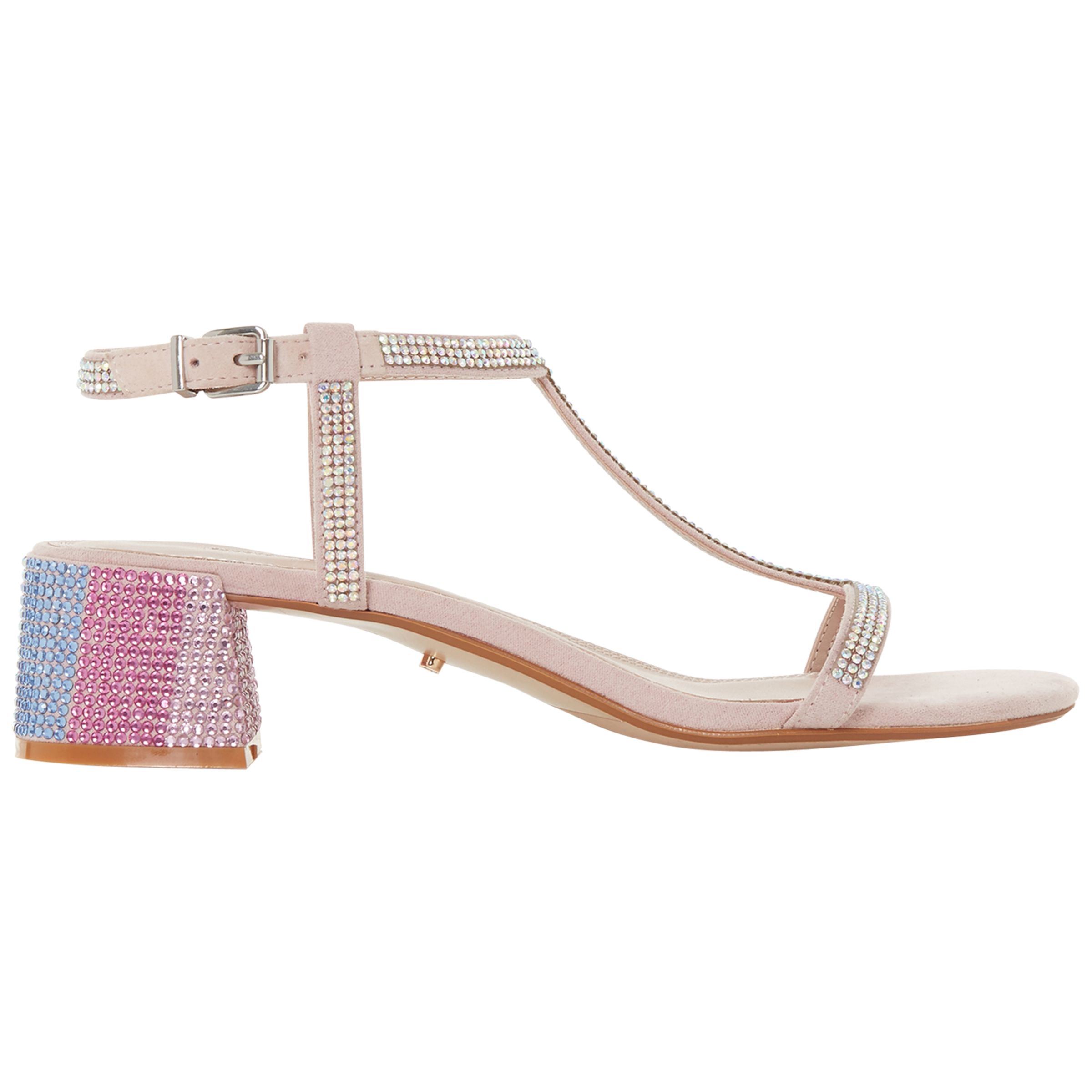 Dune Maae Diamante T-Bar Strap Mid Block Heel Sandals, Blush