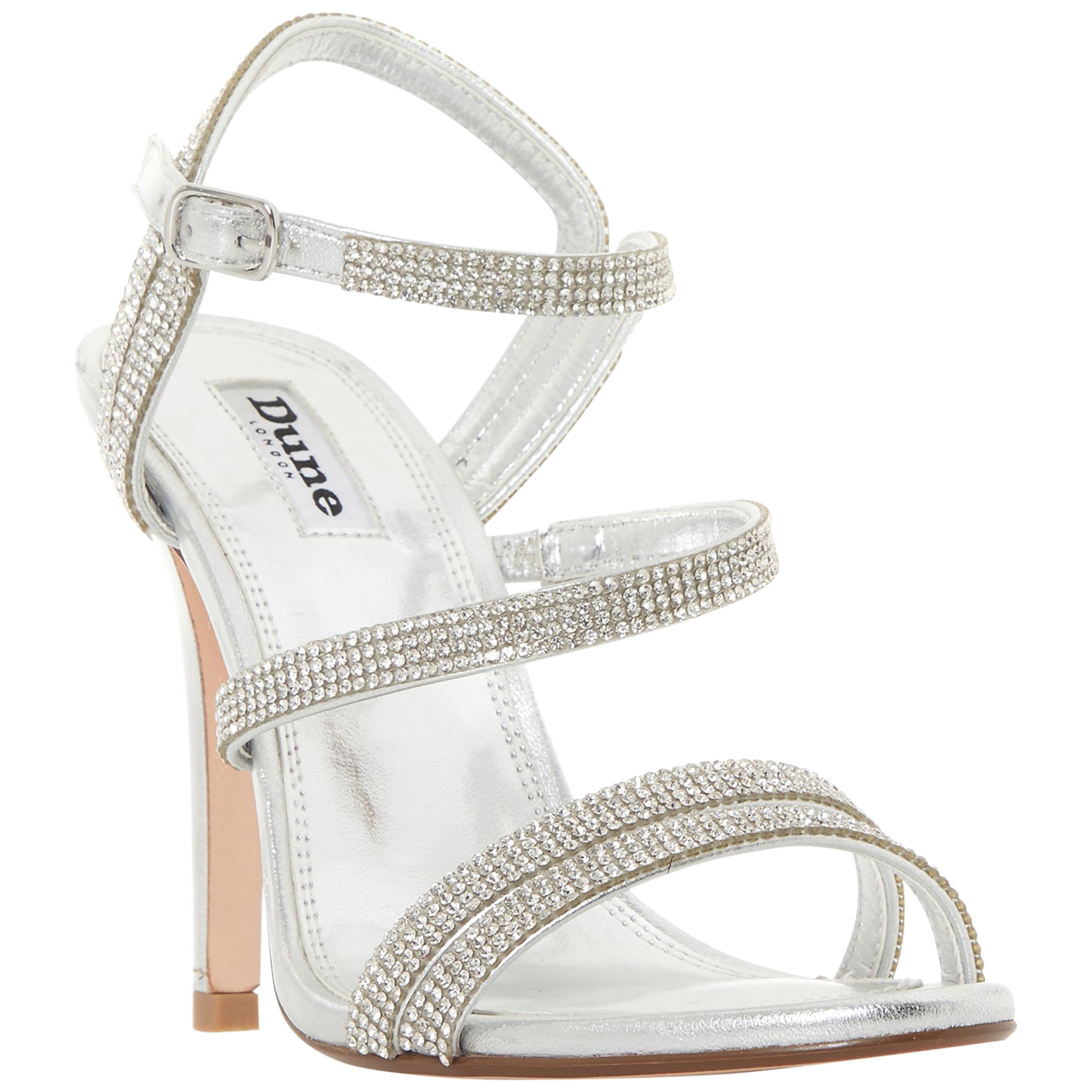 Dune Madonna Embellished Strappy Stiletto Heel Sandals, Silver