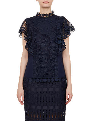 Ted Baker Gabby Frill Sleeve Lace Top, Navy