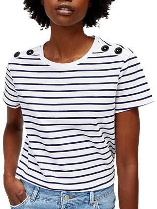 Warehouse Button Striped T-Shirt, Blue/White