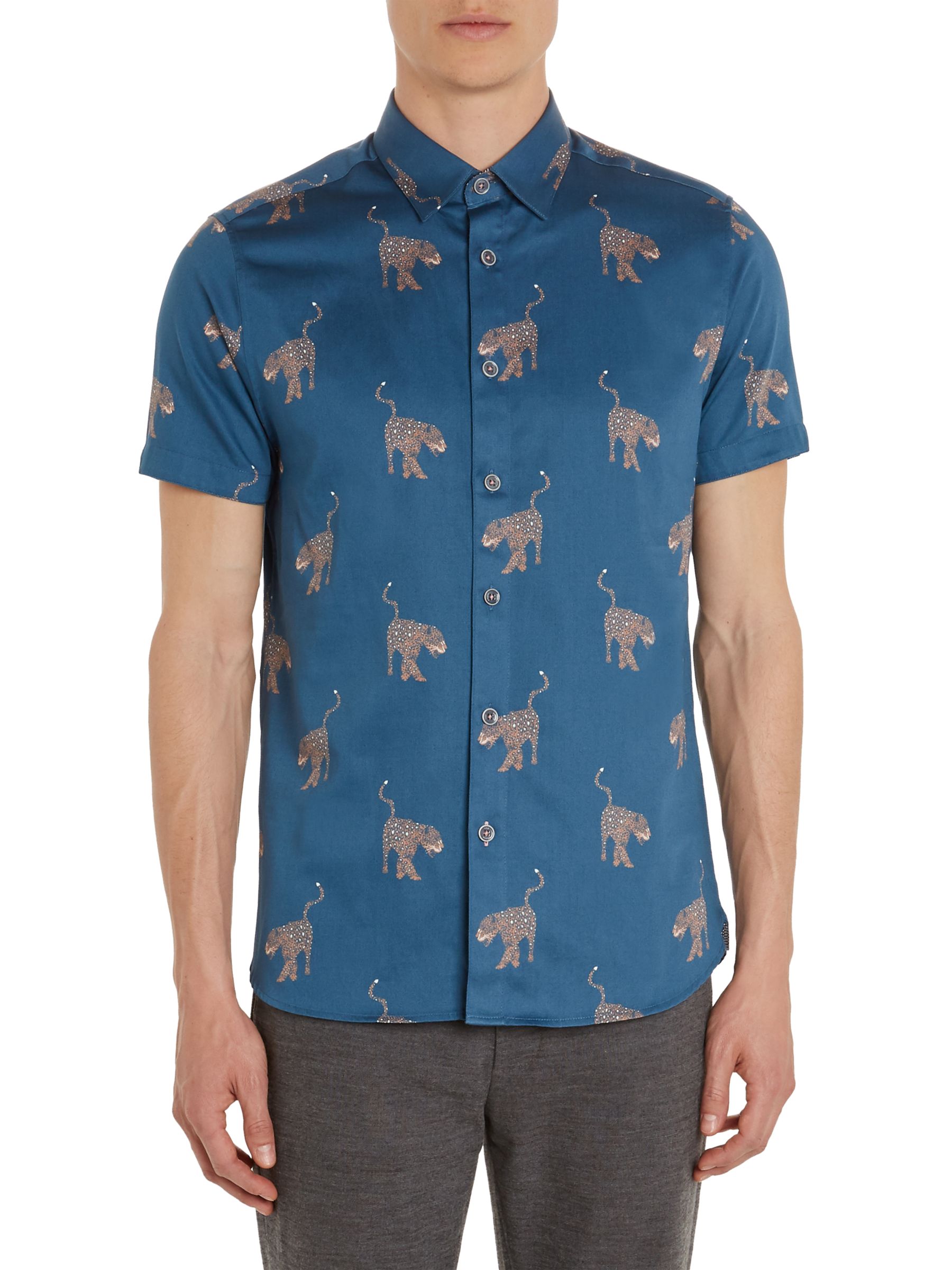 Ted Baker Santha Panther Print Cotton Shirt, Blue/Multi