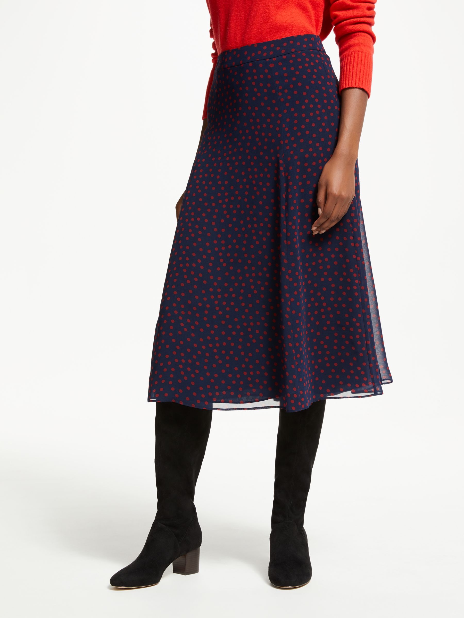 Boden Serena Midi Skirt, Navy With Red Spots