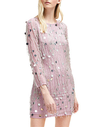 French Connection Baani Fringe Beaded Dress, Dark Lavender Frost