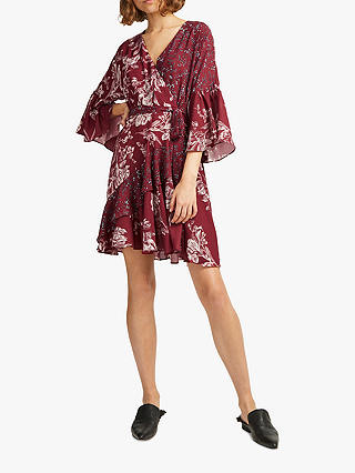 French Connection Frill Wrap Floral Dress, Deep Framboise Multi