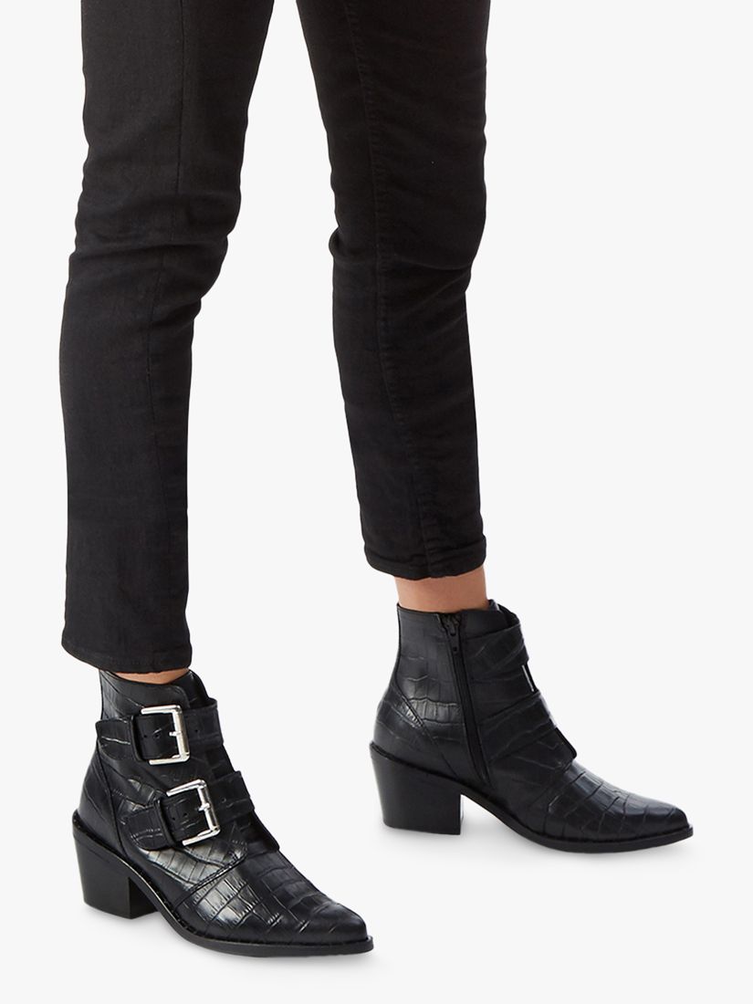 kurt geiger denny black croc effect black ankle boots with buckle detail