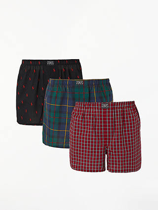 Polo Ralph Lauren Woven Cotton Pattern Boxers, Pack of 3, Navy/Green/Red