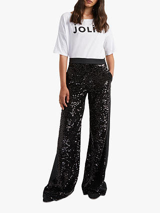 French Connection Alodia Sequin Wide Leg Trousers, Black