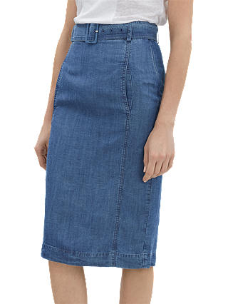 Jaeger Belted Chambray Skirt, Blue