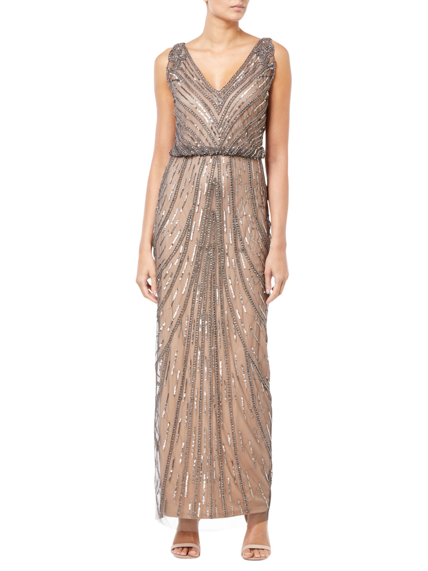 Adrianna Papell Beaded Long Dress Natural at John Lewis