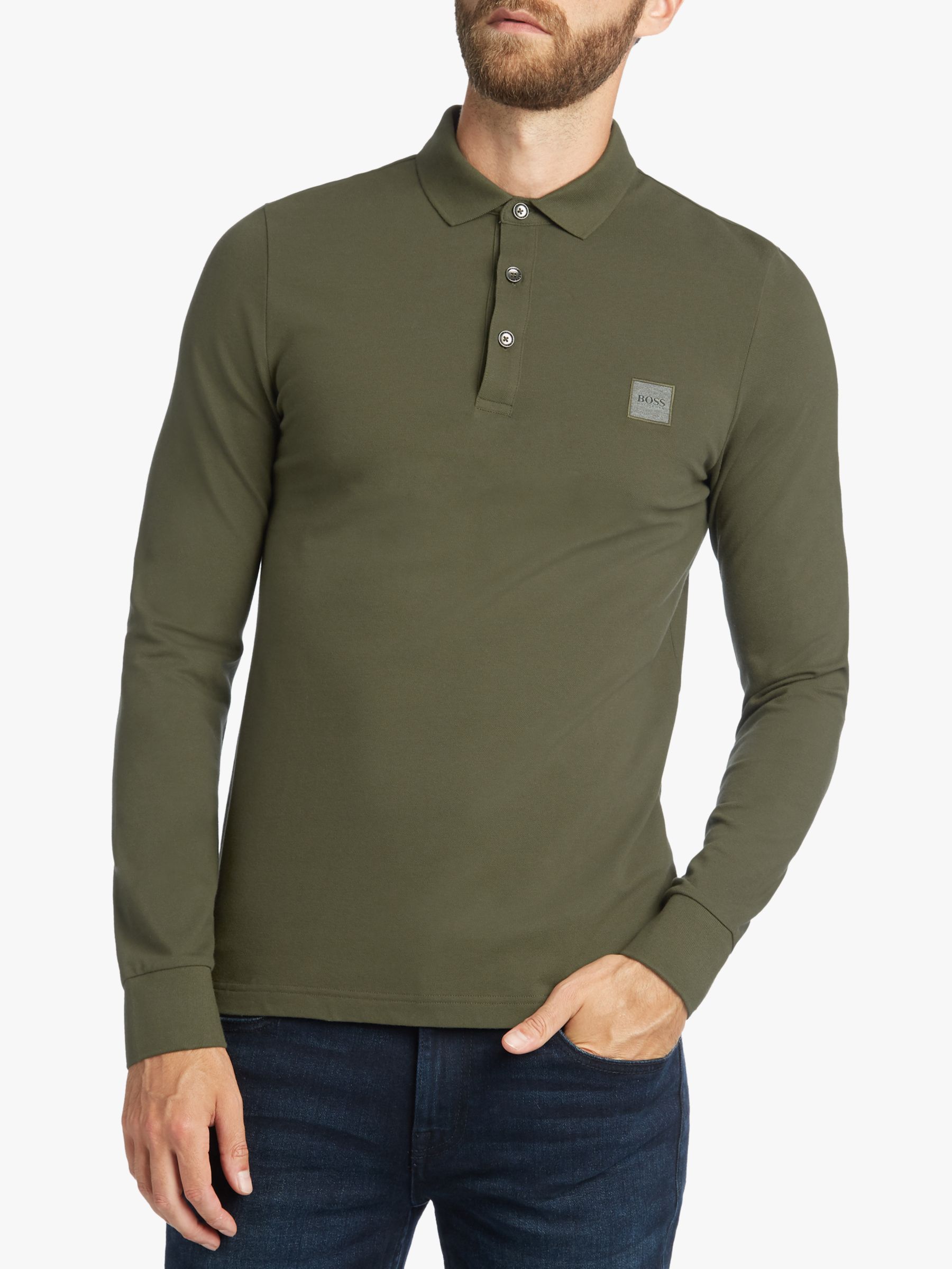 BOSS Long Sleeve Polo Shirt, Dark Green 