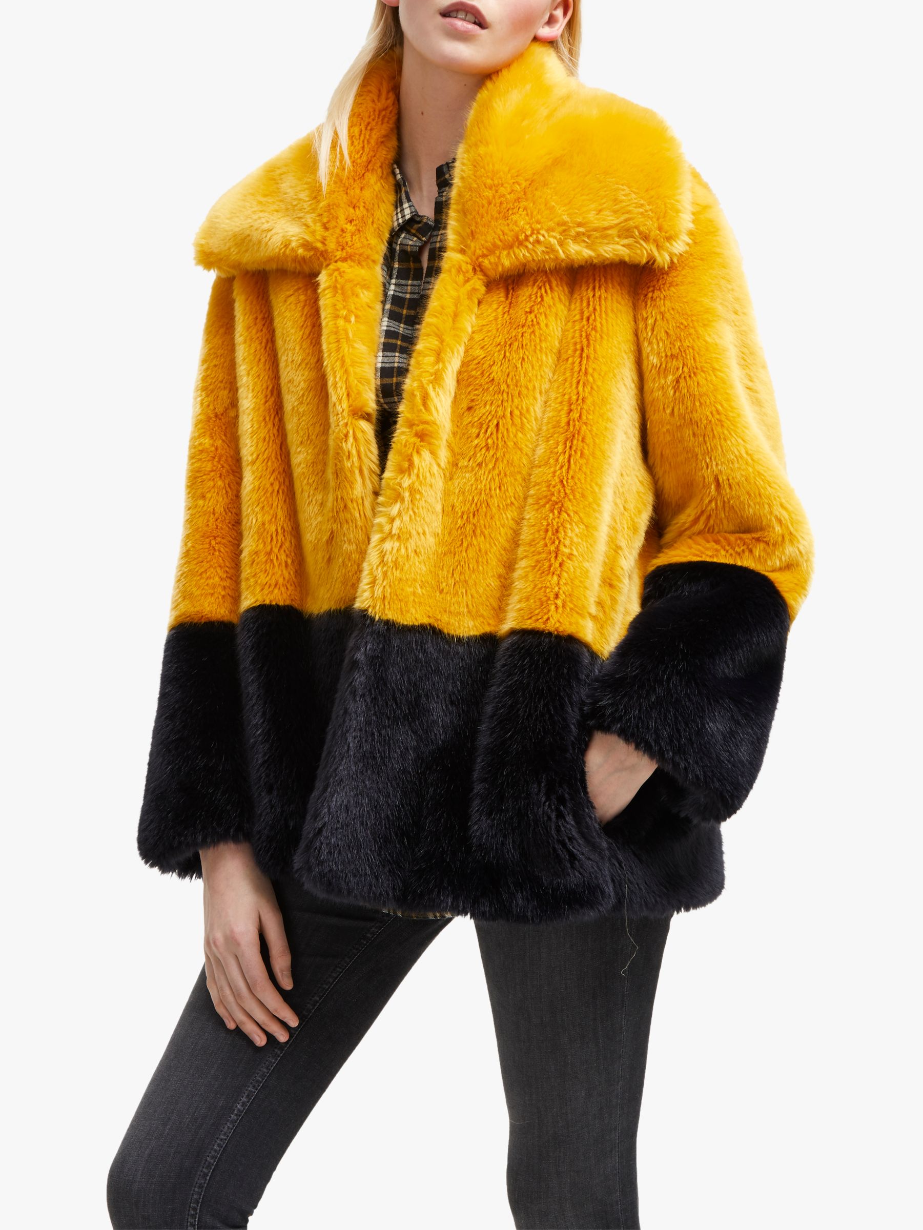 French Connection Sebille Faux Fur Coat, Utility Blue/Calluna Yellow