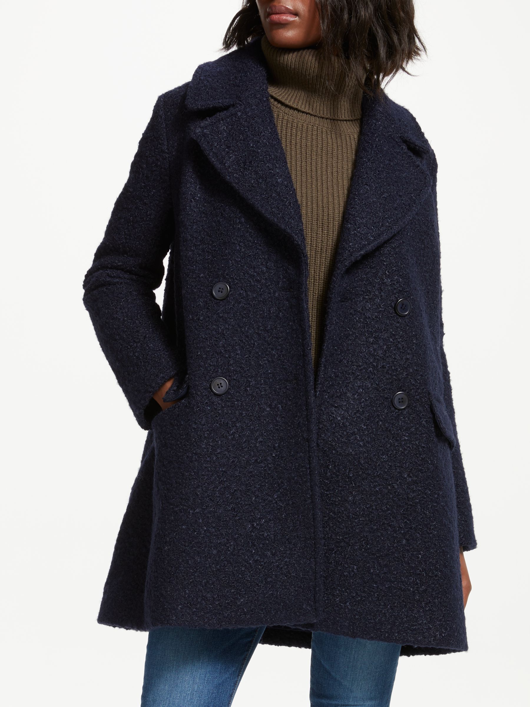 Great Plains Boucle Sleeve Double Breasted Coat, Midnight