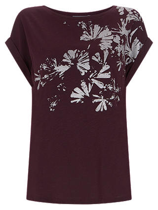 Mint Velvet Flower Print T-Shirt, Dark Red