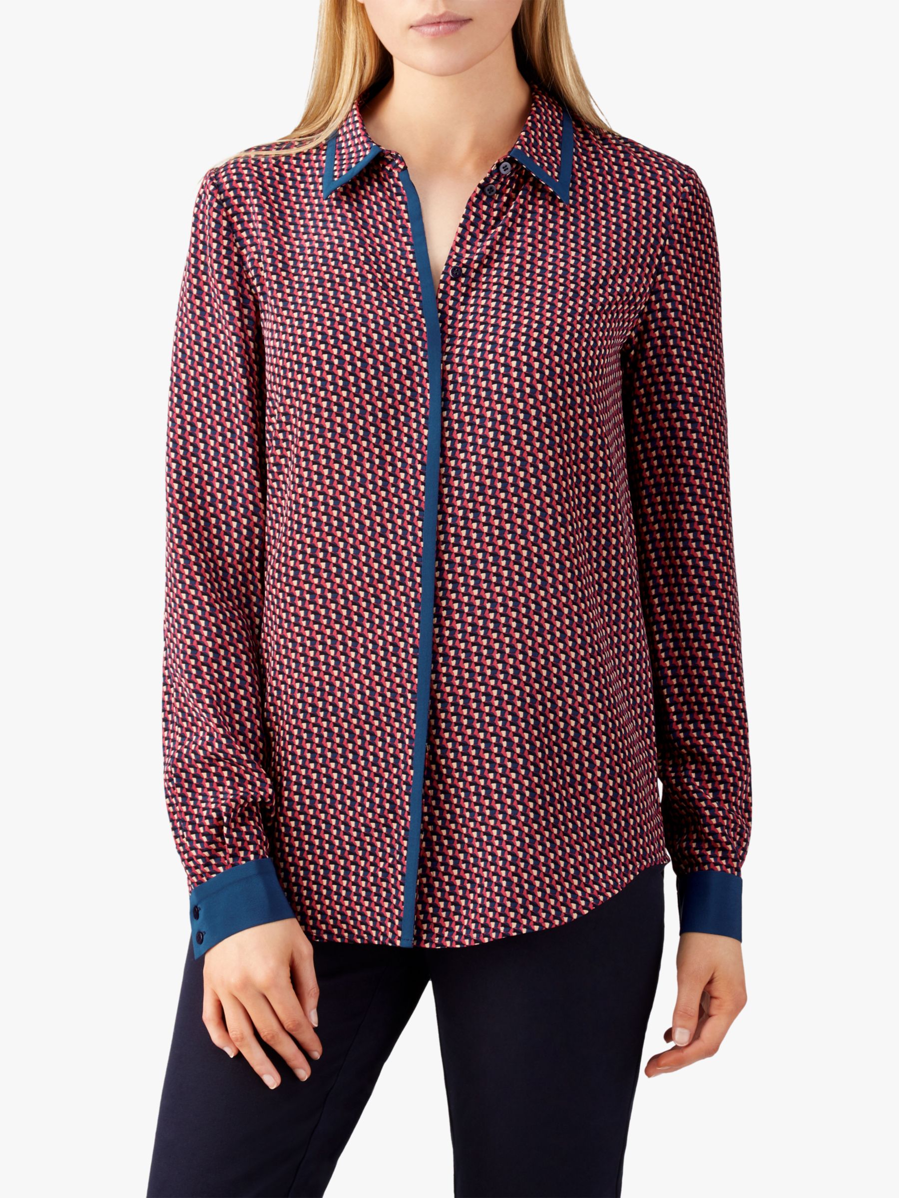 Pure Collection Relaxed Washed Silk Contrast Blouse, Blue Geo
