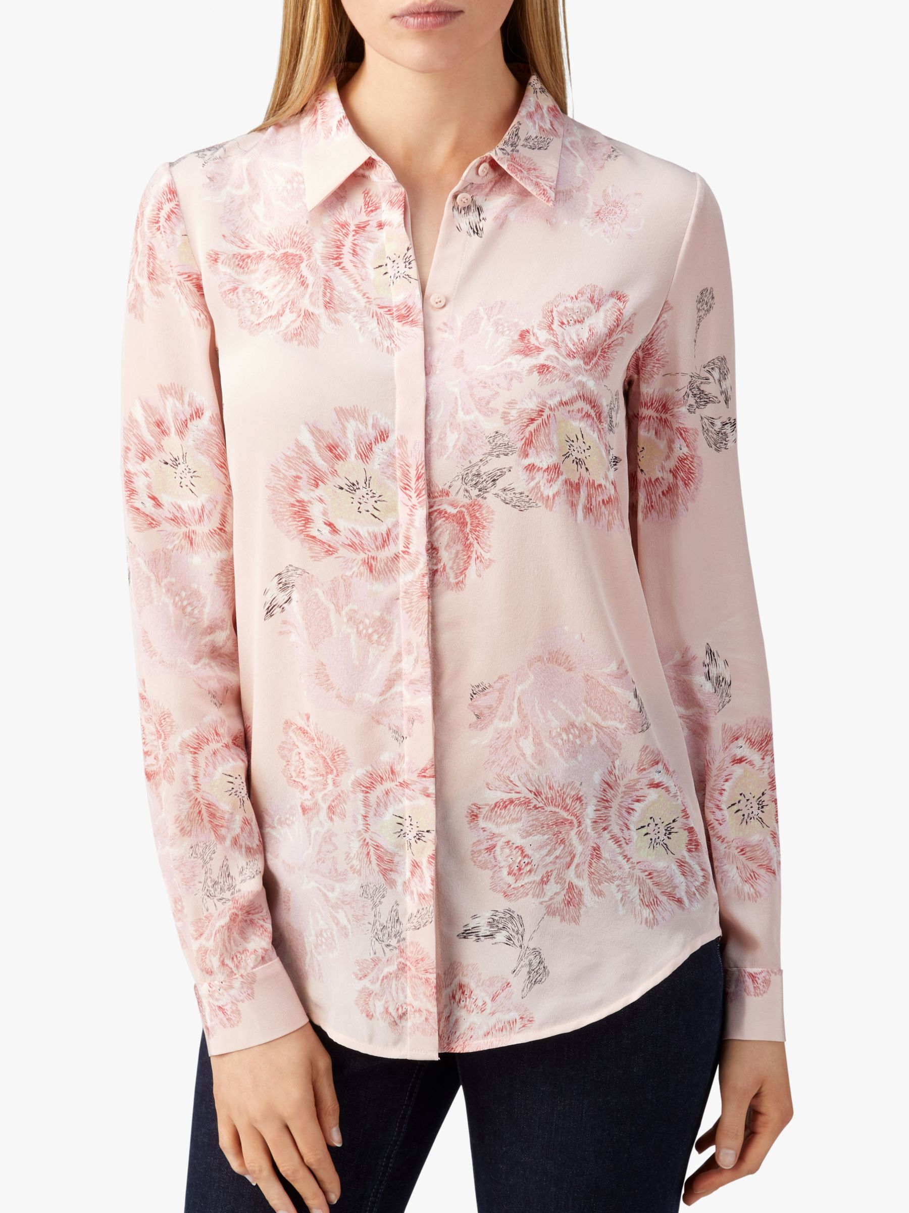 Pure Collection Washed Silk Blouse, Pale Pink Floral at John Lewis ...