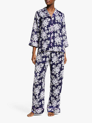 John Lewis & Partners Odette Floral Print Satin Pyjama Set, Blue