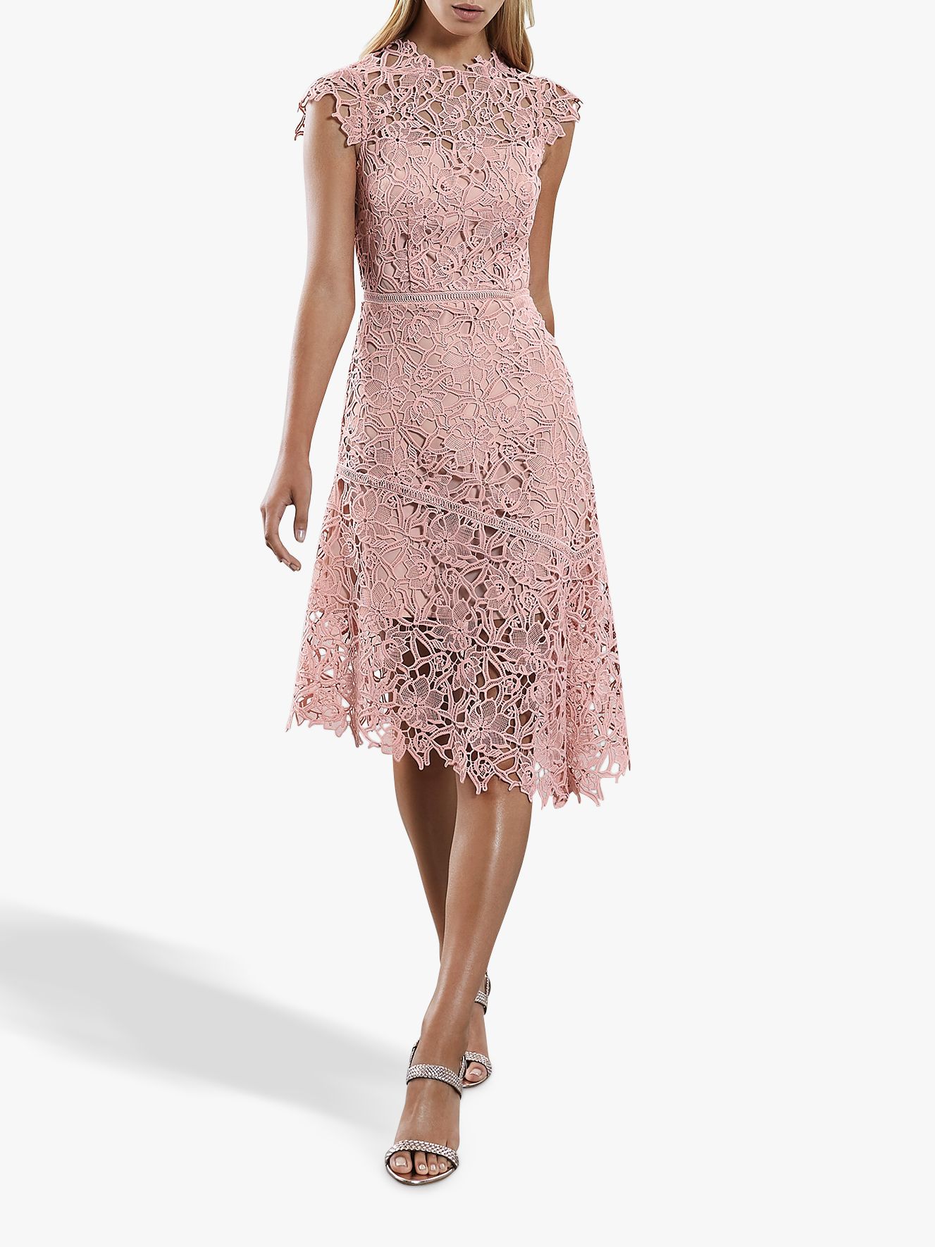 Reiss Ivana Lace Asymmetric Dress, Pale Pink at John Lewis & Partners