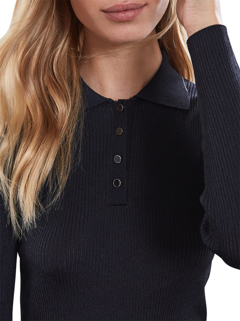 Reiss Long Sleeve Knitted Polo Shirt, Navy