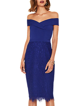 Oasis Bardot Lace Pencil Dress, Rich Blue