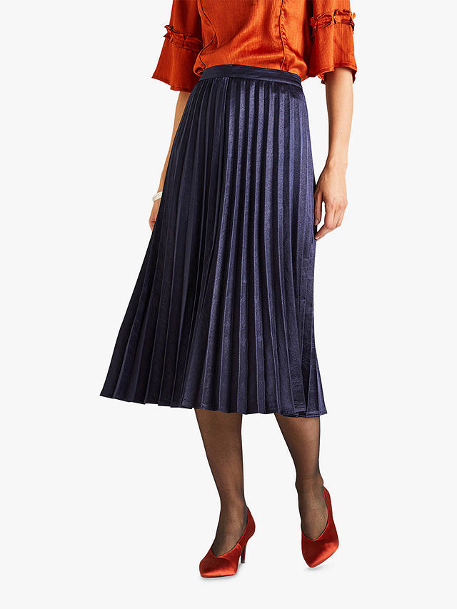 Yumi Satin Pleated Skirt, Navy