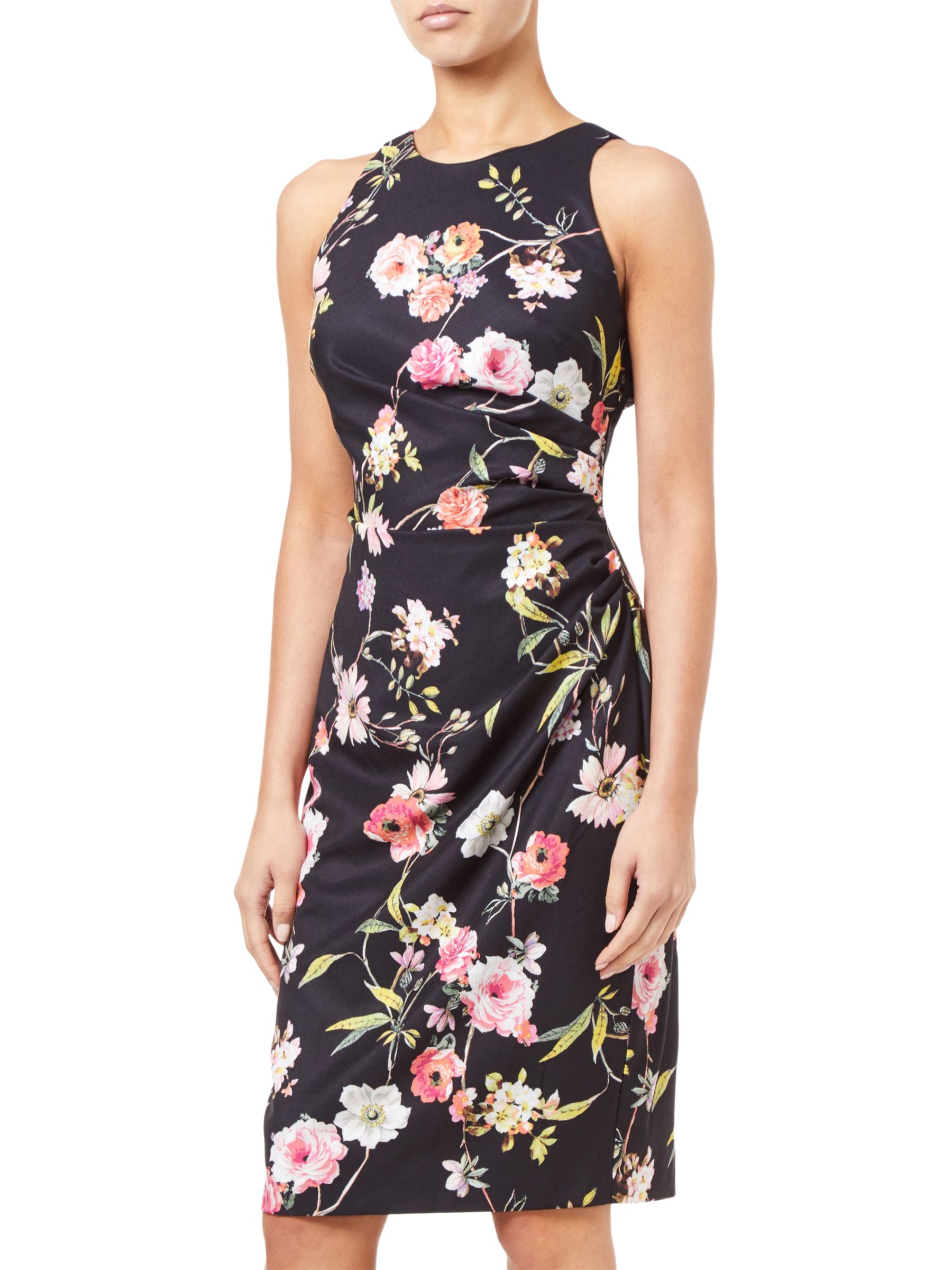 Adrianna Papell Sheath Ruche Floral Dress, Black/Multi