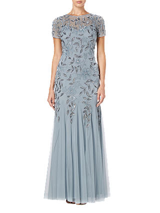 Adrianna Papell Floral Beaded Godet Dress, Blue Heather