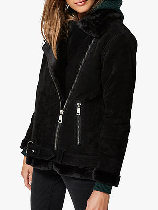 Selected Femme Victoria Faux Fur Collar Suede Jacket, Black