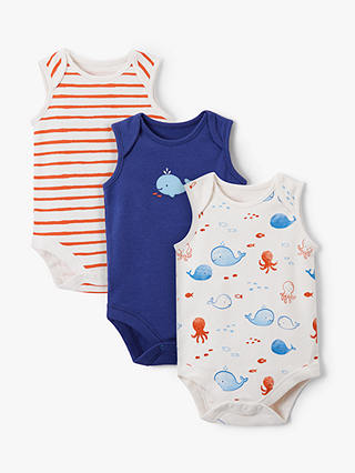 John Lewis & Partners Baby Sleeveless GOTS Organic Cotton Whale Bodysuit, Pack of 3, Multi