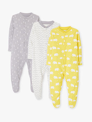 John Lewis & Partners Baby GOTS Organic Cotton Elephant Sleepsuit, Pack of 3, Multi