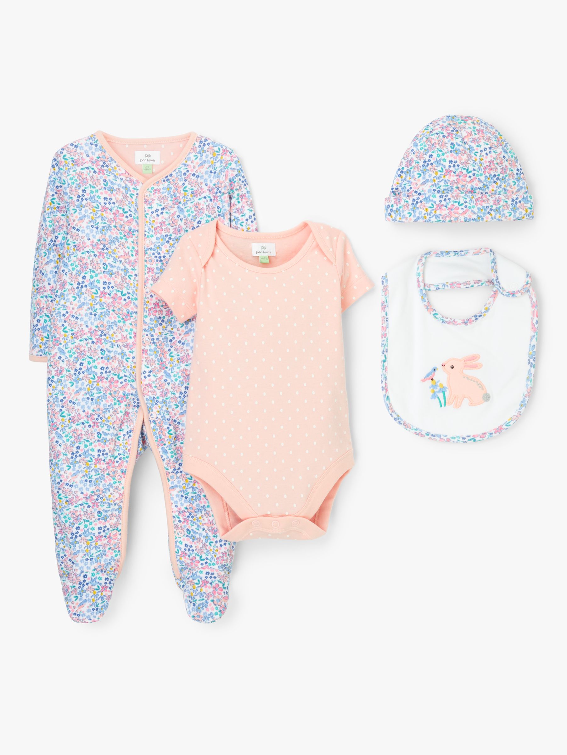 John Lewis & Partners Baby Floral Sleepsuit, Bodysuit, Bib and Hat Set ...