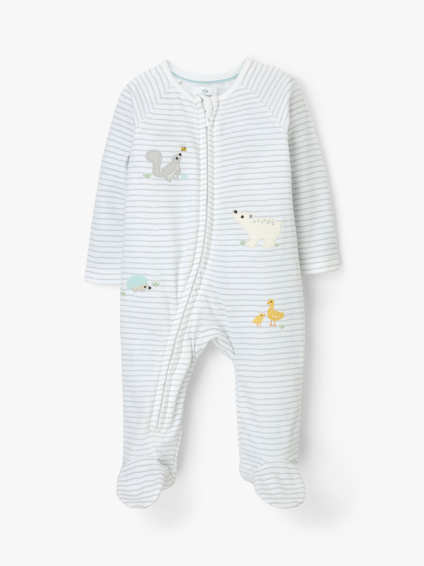 John Lewis & Partners Baby Woodland Animal Stripe Zip Sleepsuit, Grey ...