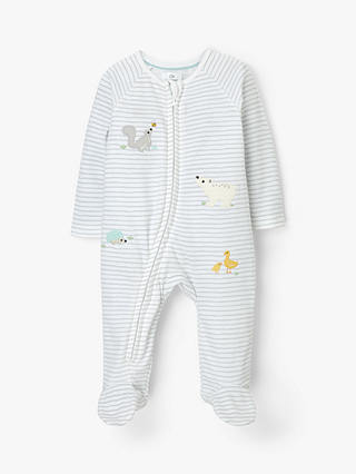 John Lewis & Partners Baby Woodland Animal Stripe Zip Sleepsuit, Grey
