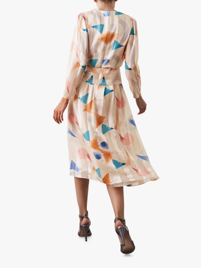 Reiss Silk Balance Print Pleated Dress, Neutral, 6