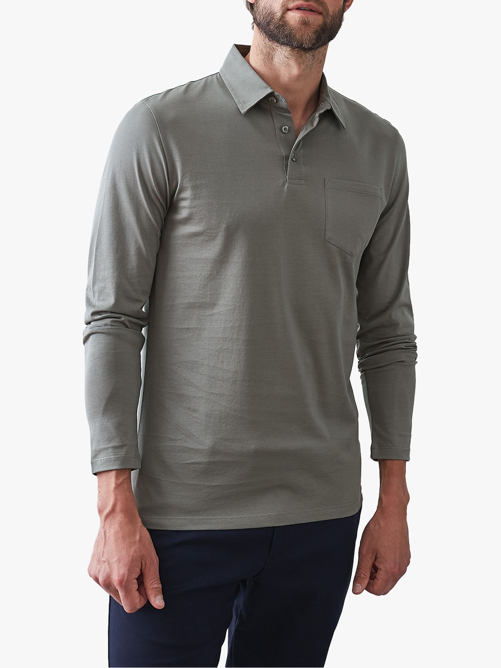 Reiss Robbie Mercerised Cotton Long Sleeve Polo Shirt, Grey at John ...