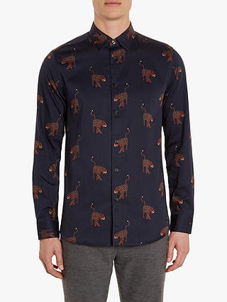 Ted Baker Long Sleeve Panther Print Shirt, Blue Navy