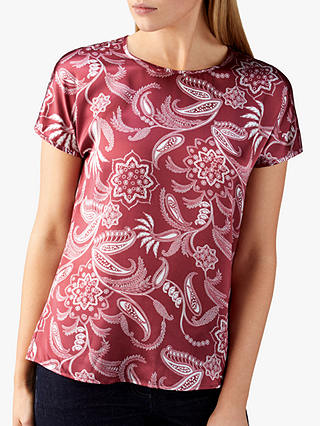 Pure Collection Silk Satin T-Shirt, Claret Paisley
