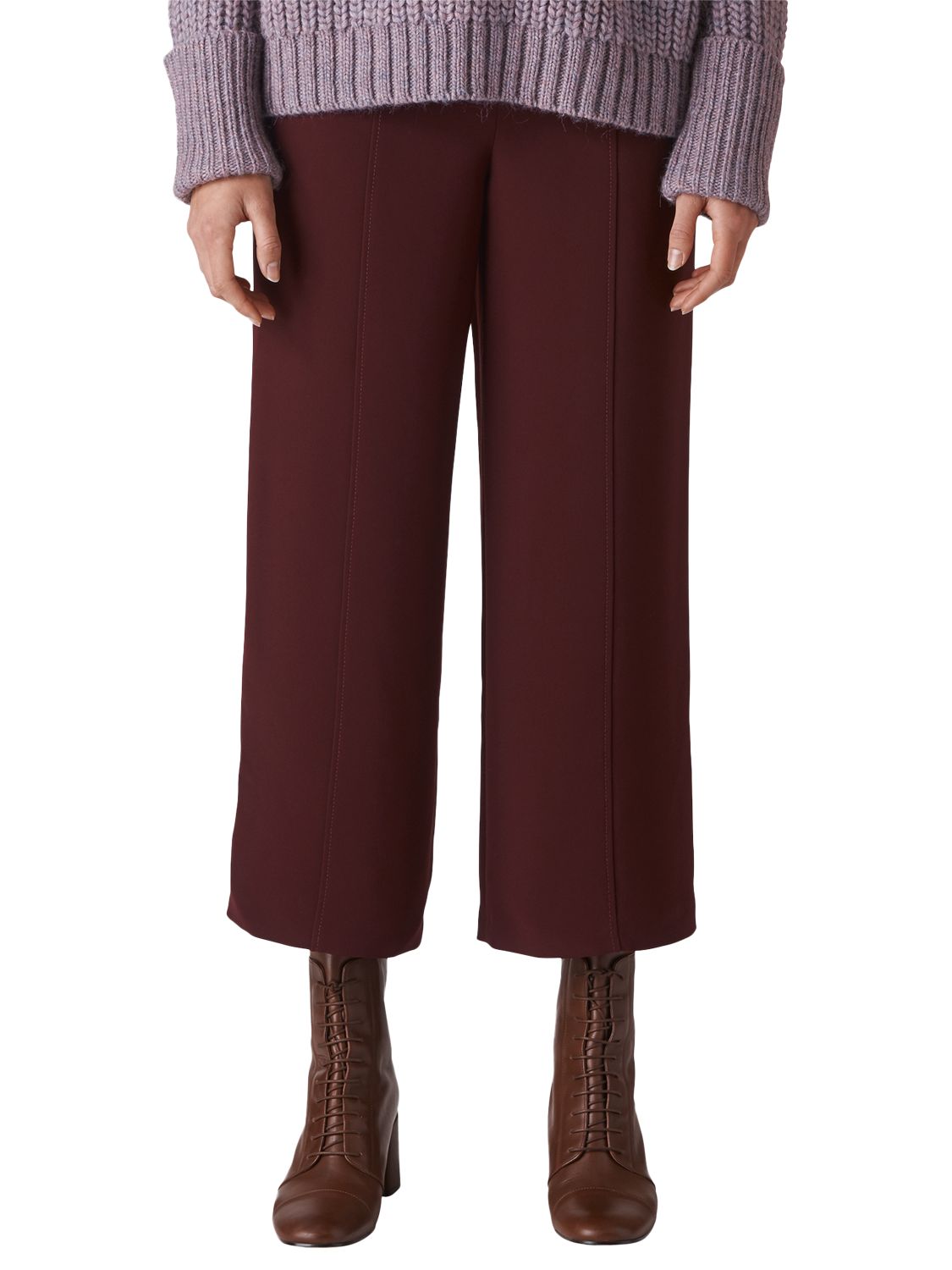 Whistles Flat Front Wide Leg Cropped Trousers, Burgundy
