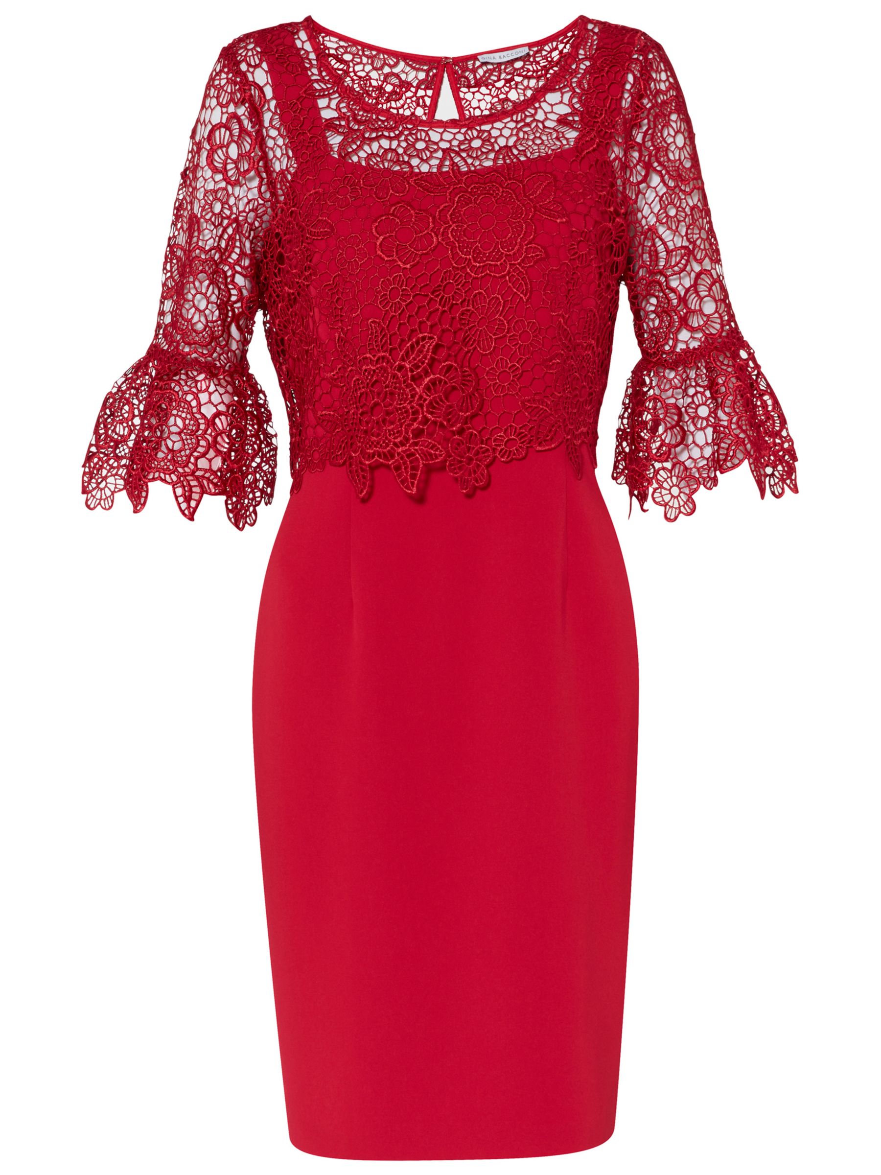 Gina Bacconi Rya Crepe Dress With Lace Overtop, Rose Red at John Lewis ...