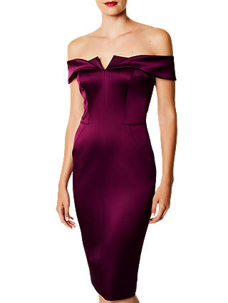 Karen Millen Satin Bardot Bodycon Dress, Purple