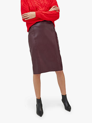 Warehouse Faux Leather Pencil Skirt, Red Berry