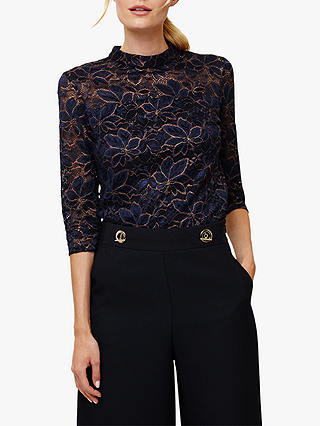 Phase Eight Lulu Lace Top, Navy/Bronze