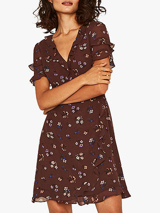 Oasis Ditsy Frill Dress, Brown Multi
