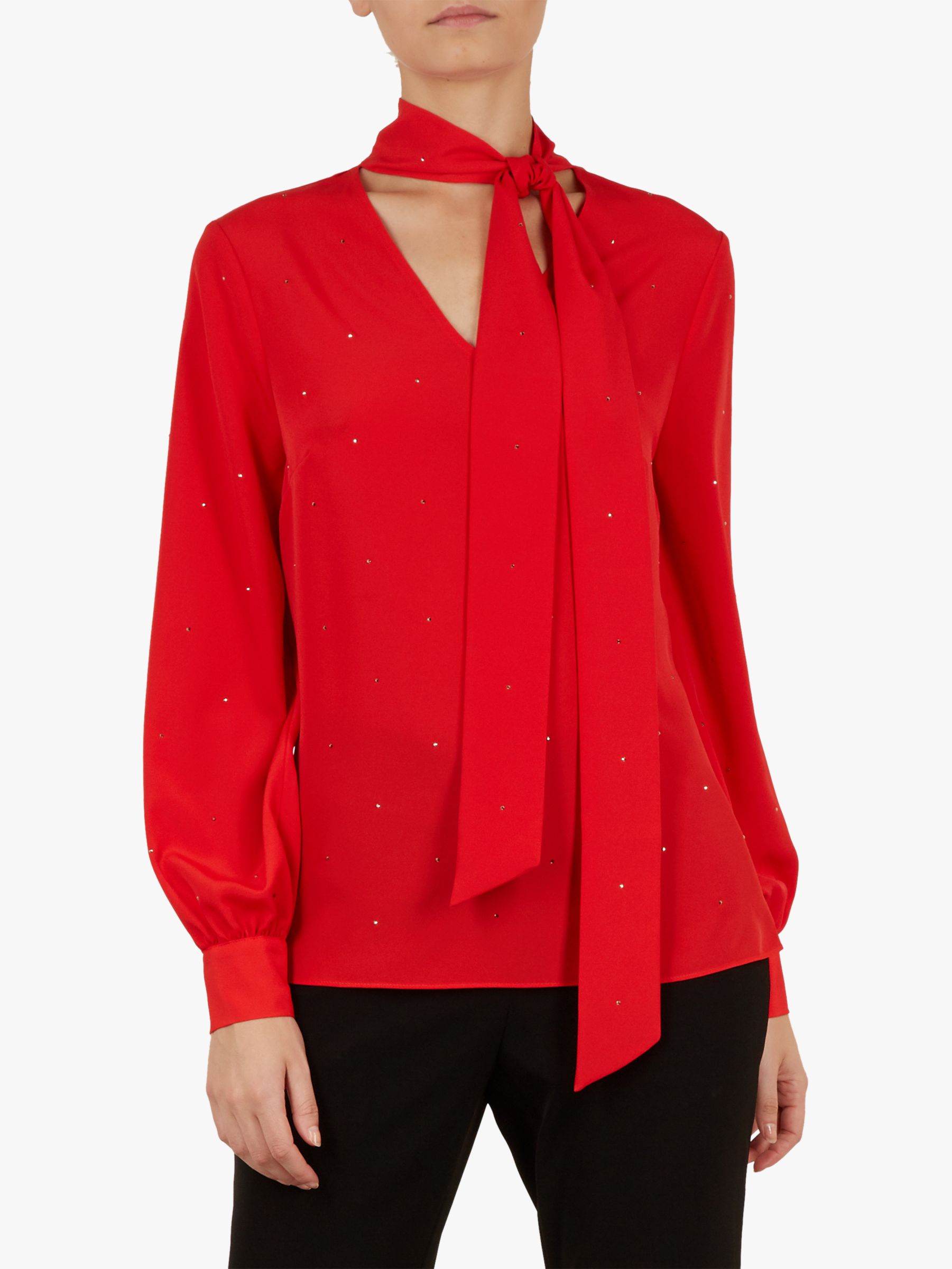 Ted Baker Sandye Sparkle Neck Tie Blouse, Red at John Lewis & Partners